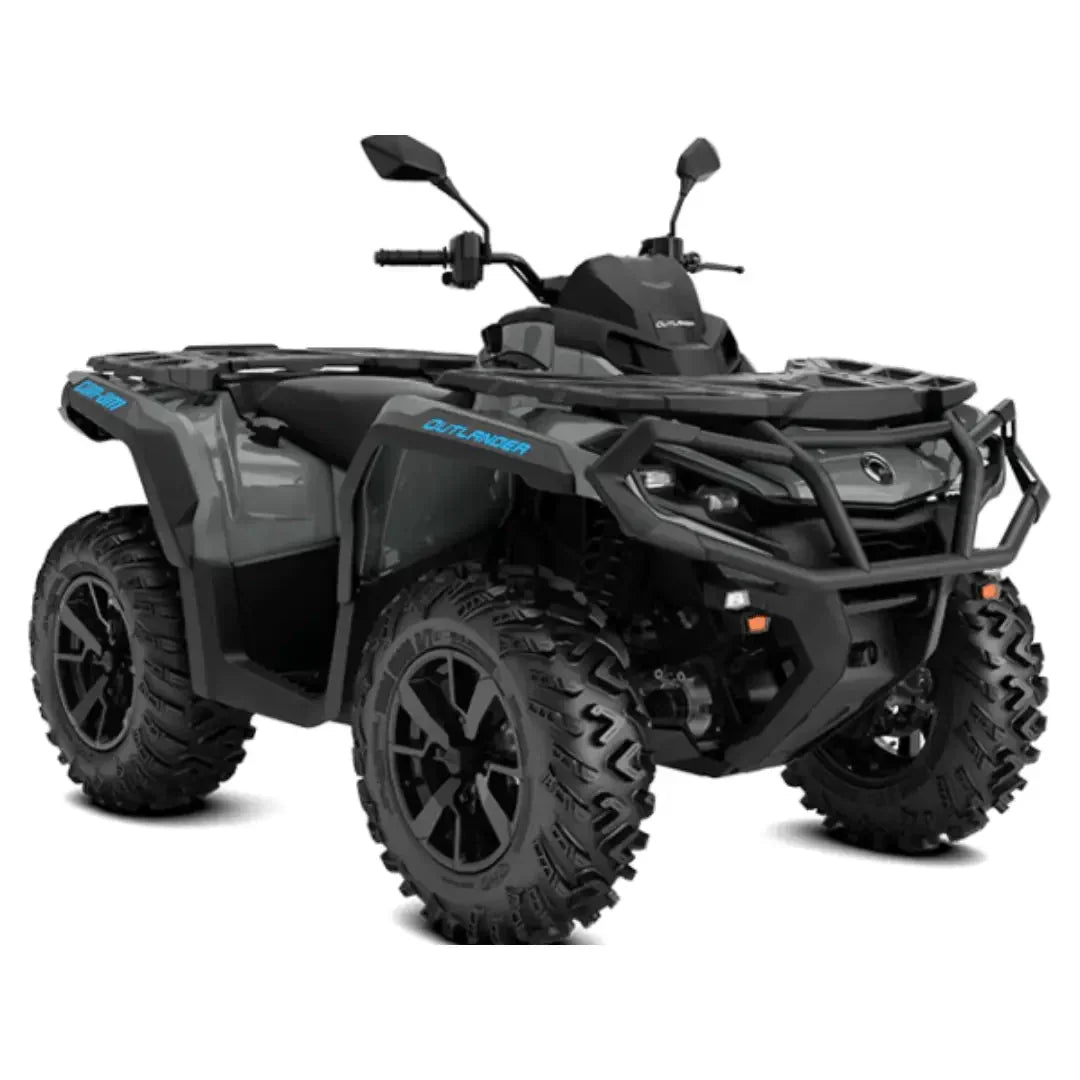 Dark gray Can Am Outlander MAX ATV with black wheels and blue Outlander branding