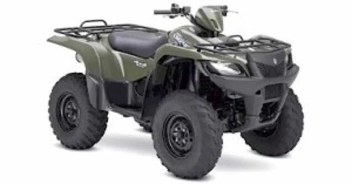 Olive green Suzuki LTA Kingquad 450 ATV with black tires and utility racks