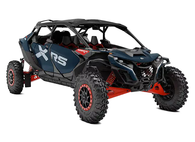 Dark blue and red Can Am Maverick R off-road utility vehicle with roll cage and knobby tires