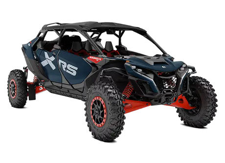 Dark blue and red Can Am Maverick R off-road utility vehicle with roll cage and knobby tires