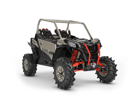 Off-road utility vehicle with roll cage knobby tires and bright red suspension parts