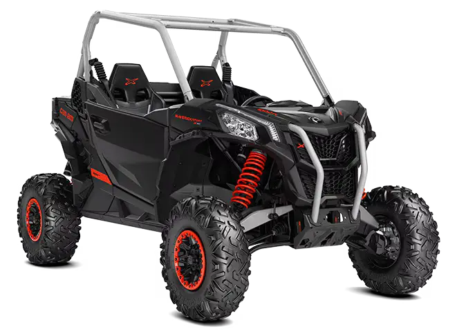 Black off-road utility vehicle with red accents and light-colored roll cage in Can Am Maverick Sport collection