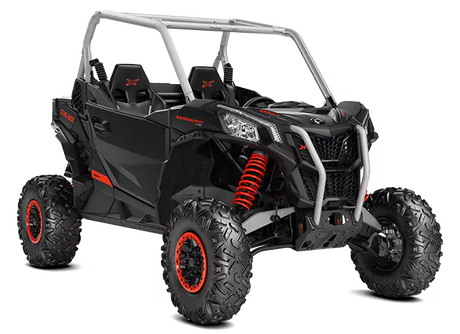 Black off-road utility vehicle with red accents and light-colored roll cage in Can Am Maverick Sport collection