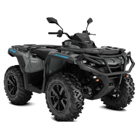 Dark gray Can Am Outlander MAX ATV with black wheels and blue Outlander branding
