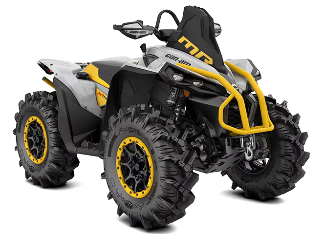 White and yellow all-terrain vehicle with mud tires from the Can Am Renegade 1000 collection