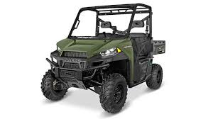 Olive green Polaris Ranger 1000 Diesel utility vehicle with two rows, four-wheel drive and roll cage