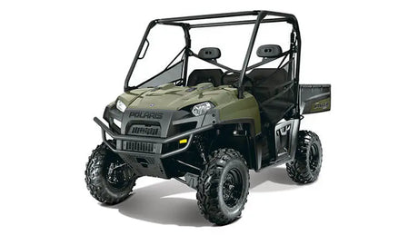 Olive green Polaris Ranger 800 side-by-side utility vehicle with roll cage and cargo bed