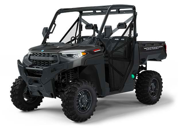 Dark grey Polaris Ranger 900 Diesel UTV with roll cage and cargo bed in collection