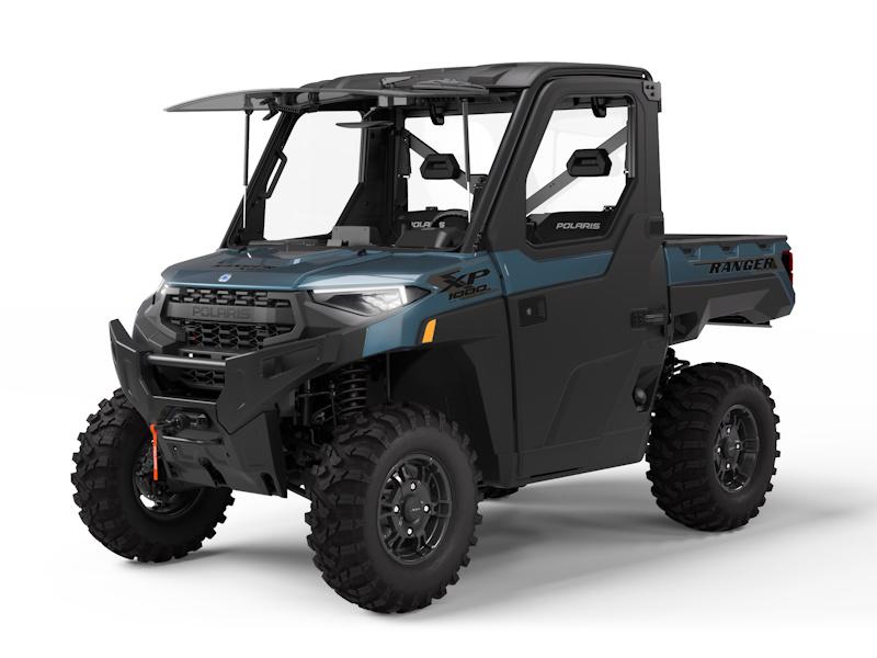 Dark teal and black Polaris Ranger XP 1000 NorthStar UTV with full cab and cargo bed