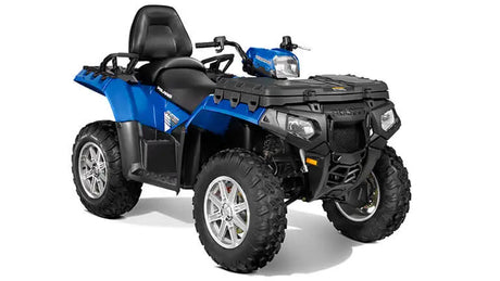 Blue Polaris Sportsman ATV with passenger seat and front storage box in Polaris Sportsman 550 touring collection