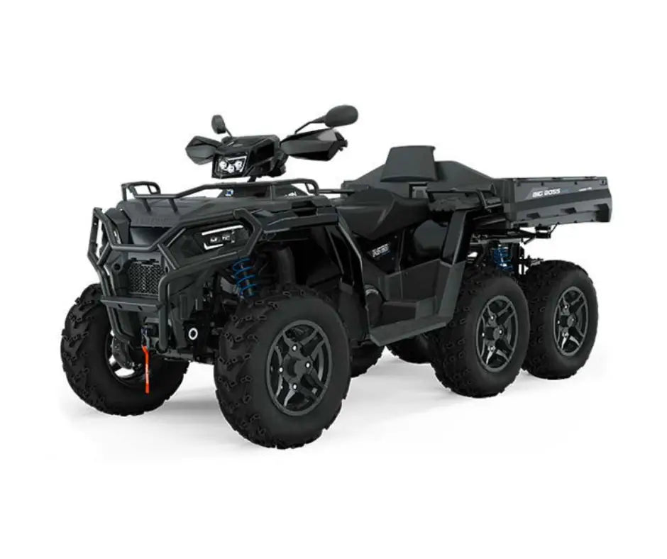 Black Polaris Sportsman 6x6 1000 ATV with cargo racks and hand guards