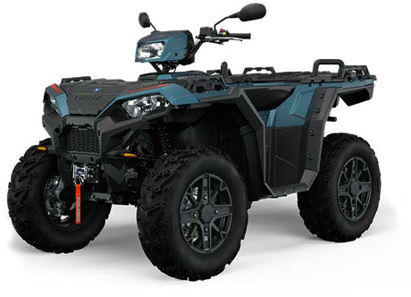 Dark teal-blue Polaris Sportsman 850 ATV with black accents and aggressive tires