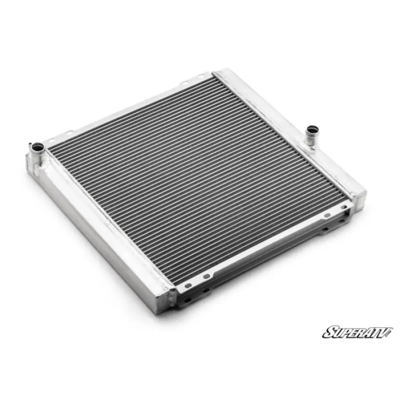 Silver automotive radiator with two hose connections from SuperAtv Radiators collection