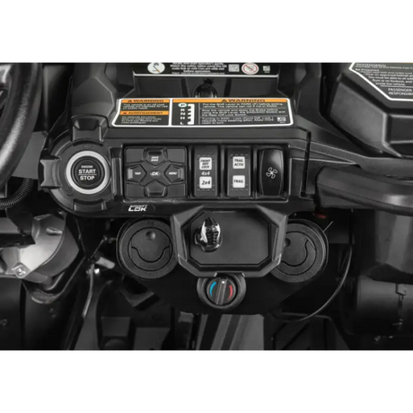 Dashboard of an Off-Road Vehicle in SuperAtv UTV SXS Cab Heaters collection with controls for ignition and climate