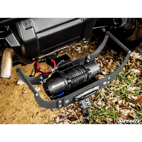 Black heavy-duty electric winch with synthetic rope mounted in a portable U-shaped frame in SuperATV Winch Accessories