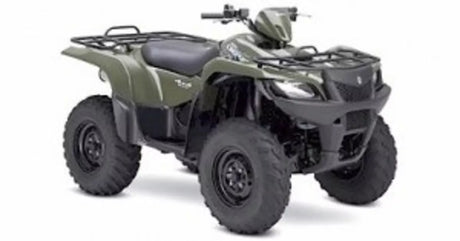 Olive green Suzuki LTA Kingquad 450 ATV with black tires and utility racks