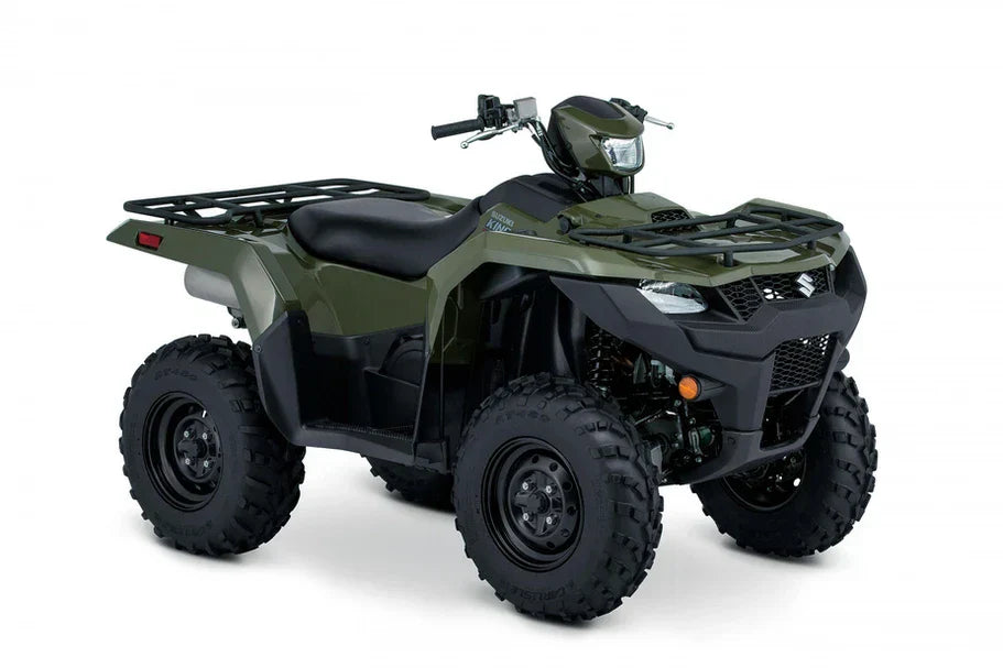 Green Suzuki KingQuad ATV with black racks and wheels in Suzuki LTA KingQuad 500 parts collection