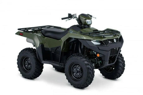 Green Suzuki KingQuad ATV with black racks and wheels in Suzuki LTA KingQuad 500 parts collection