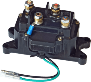 Black electrical solenoid relay for Assault Series 2500lb Winch with synthetic cable.