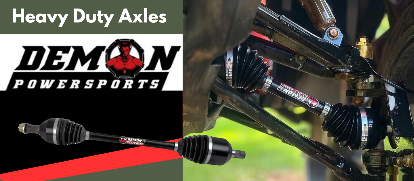 ATV showcasing Demon products, including heavy-duty axles and suspension parts for extreme riding conditions.