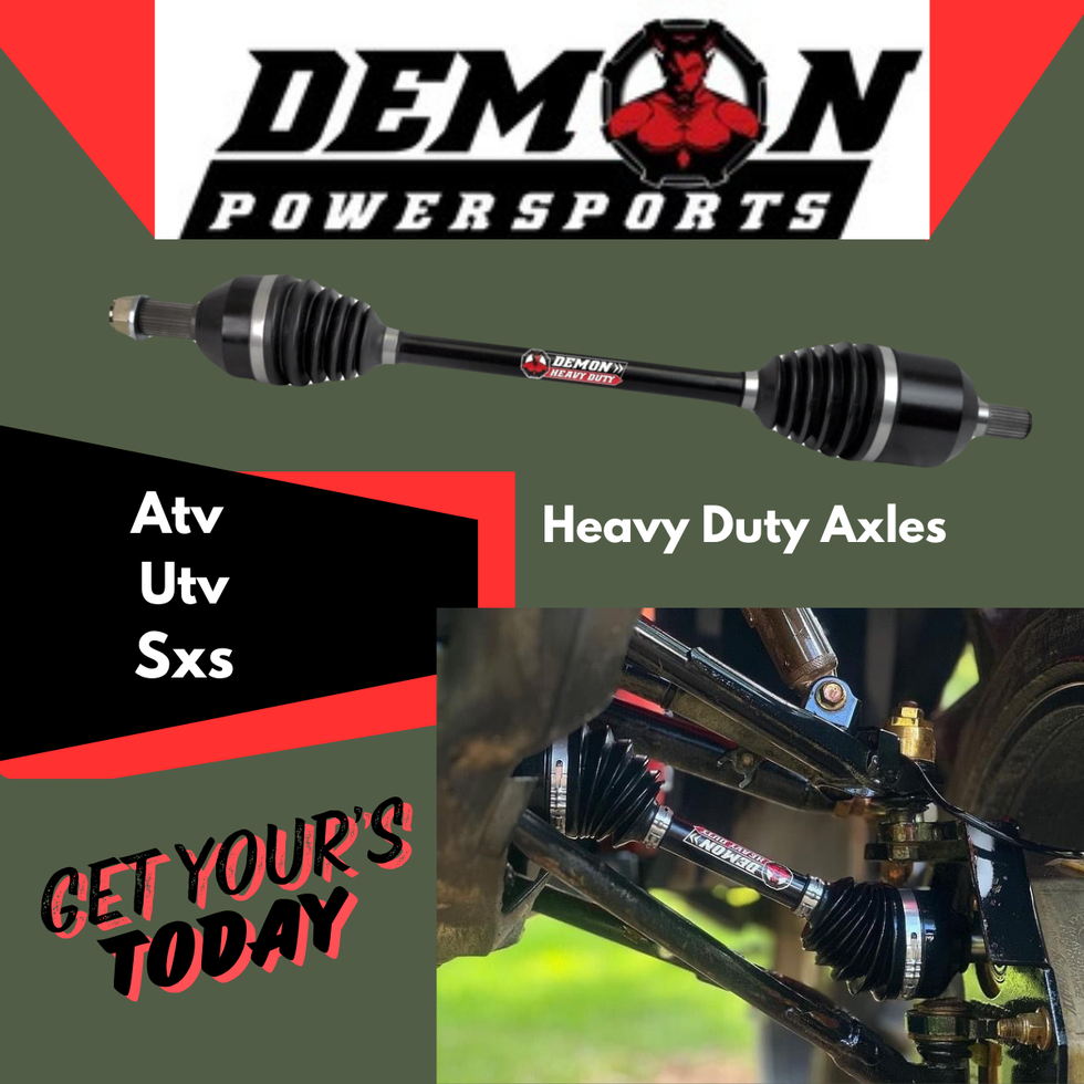 ATV showcasing Demon products, including heavy-duty axles and suspension parts for extreme riding conditions.