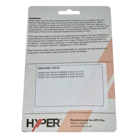 Brake Disc Pads - Front - H1025 - Honda - Pioneer 500 / 520 / 700